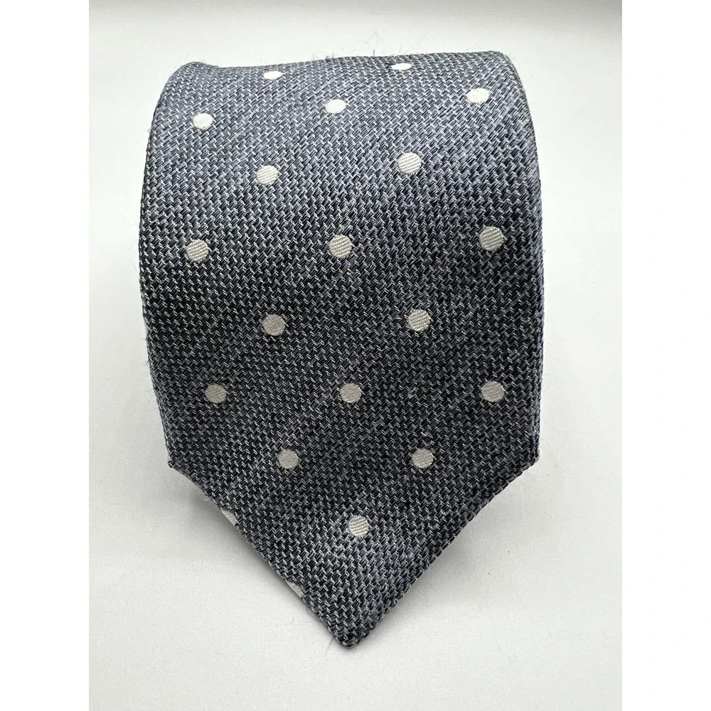 Sacoor Brothers Italy Silk Tie Gray White Polka Dot Hand Finished Luxury Necktie